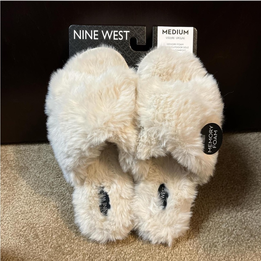 Nine West Soft Cream Furry Memory Foam Slippers